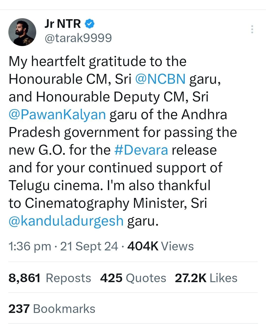 ఆంధ్రప్రదేశ్ ప్రభుత్వానికి కృతజ్ఞతలు తెలిపిన జూనియర్ ఎన్టీఆర్