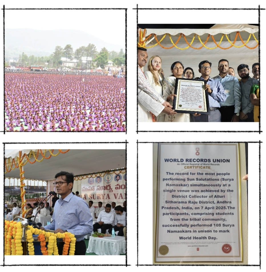 Andhra Pradesh Alluri Seetharamaraju District  Around20,000 Tribal Students Performed 108 SuryaNamaskarams as part of the ‘Yoga – Maha Surya Vandanam’ programme at Araku Valley Degree College in Alluri Sitharama Raju district on World Health Day.